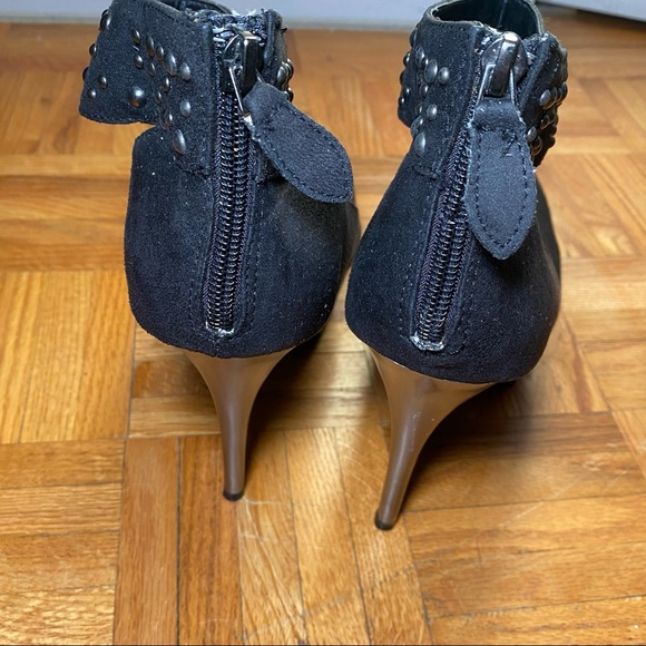 Black Suede Platform Heels with Studded Ankle Straps - Picture 3 of 6